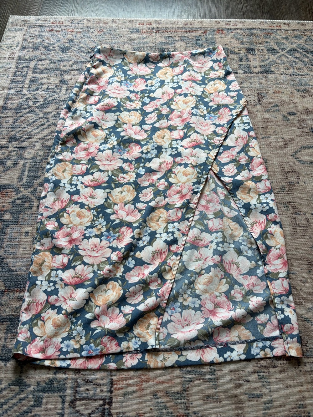 Abercrombie & Fitch Blue Floral Midi Skirt with Pink & Cream Blooms - Picture 2 of 8